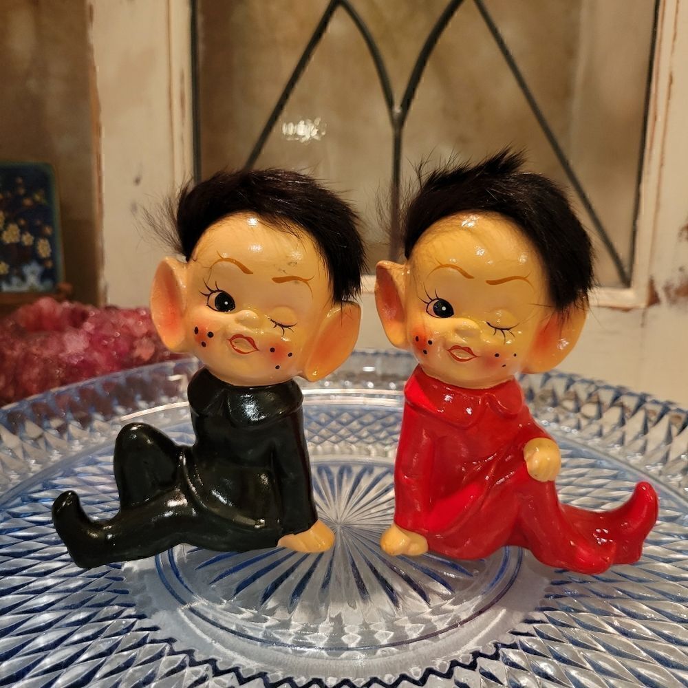 Rare Vintage Pixie Elf 60's Figurines with fur hair and pointy ears
